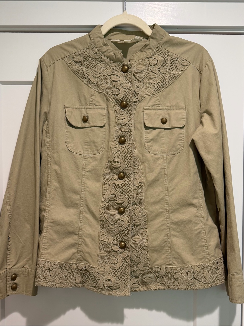 Tantrums Beige Crochet-Trim Utility Shirt/Jacket. Size small